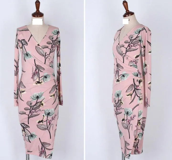 CM-DY084972 Women Casual Seoul Style Long Sleeve All-Over Print Slim Dress
