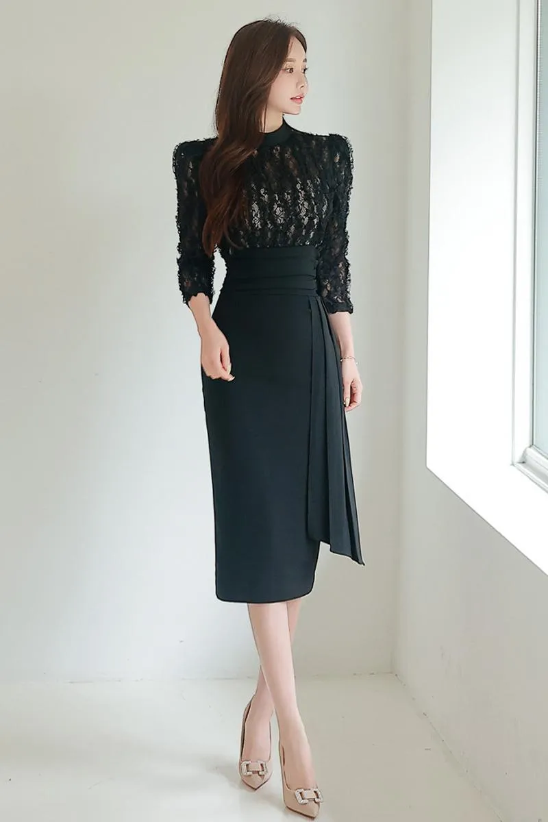 CM-DY088692 Women Elegant Seoul Style Lace Stand Collar Pinched Waist Long Dress