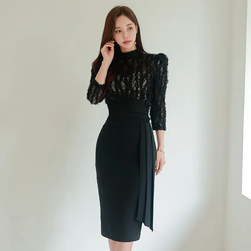 CM-DY088692 Women Elegant Seoul Style Lace Stand Collar Pinched Waist Long Dress