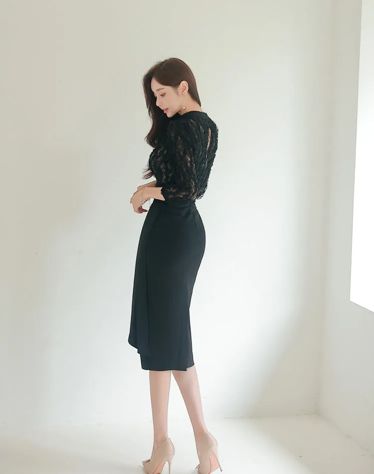 CM-DY088692 Women Elegant Seoul Style Lace Stand Collar Pinched Waist Long Dress