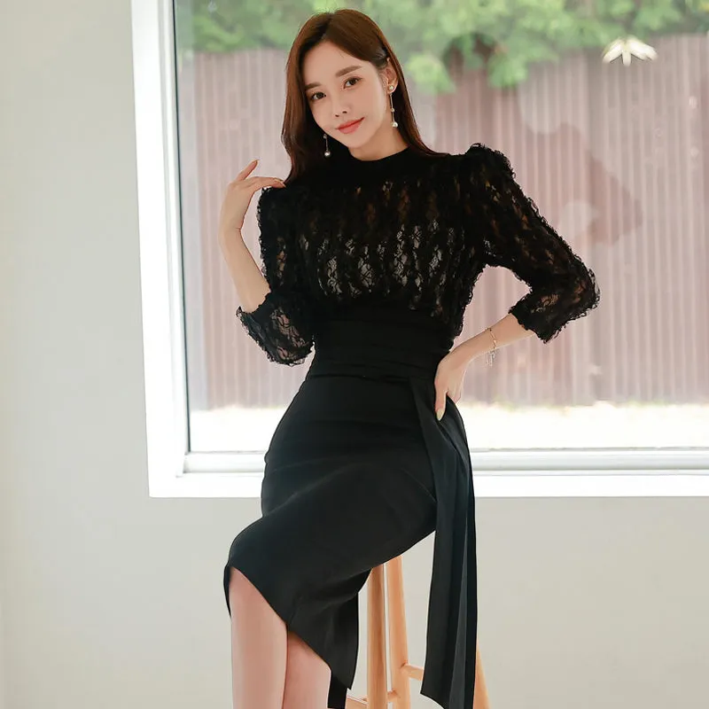 CM-DY088692 Women Elegant Seoul Style Lace Stand Collar Pinched Waist Long Dress