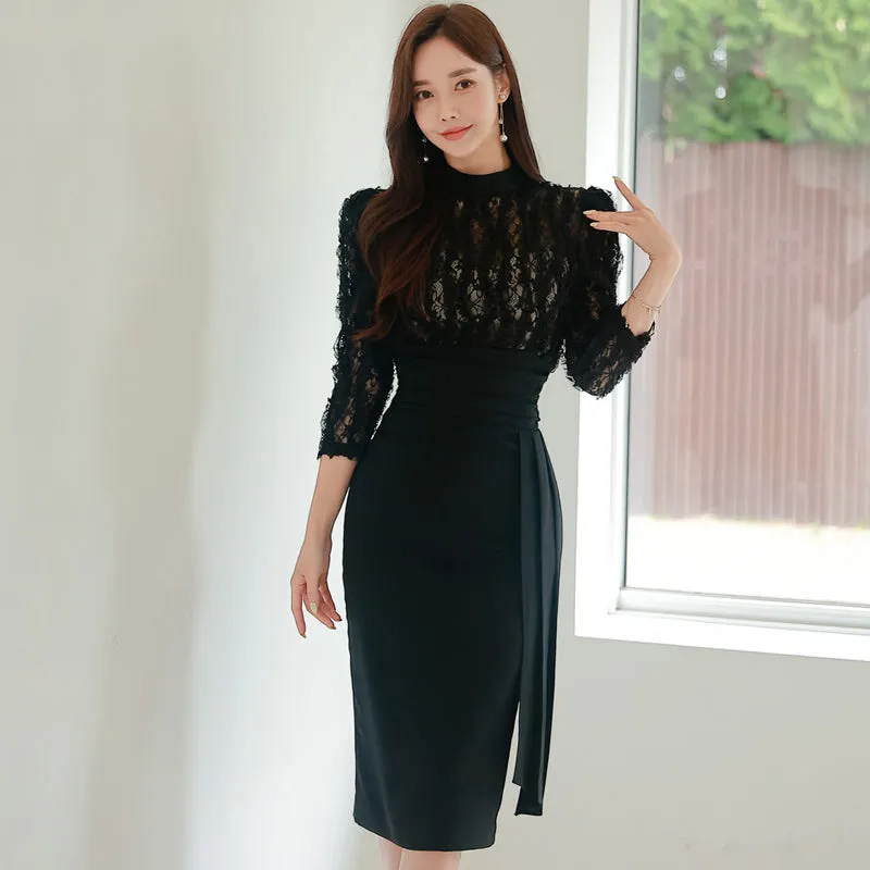 CM-DY088692 Women Elegant Seoul Style Lace Stand Collar Pinched Waist Long Dress