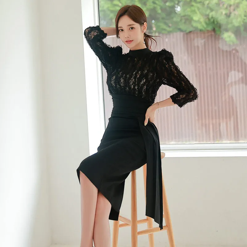 CM-DY088692 Women Elegant Seoul Style Lace Stand Collar Pinched Waist Long Dress