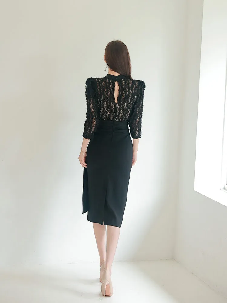 CM-DY088692 Women Elegant Seoul Style Lace Stand Collar Pinched Waist Long Dress
