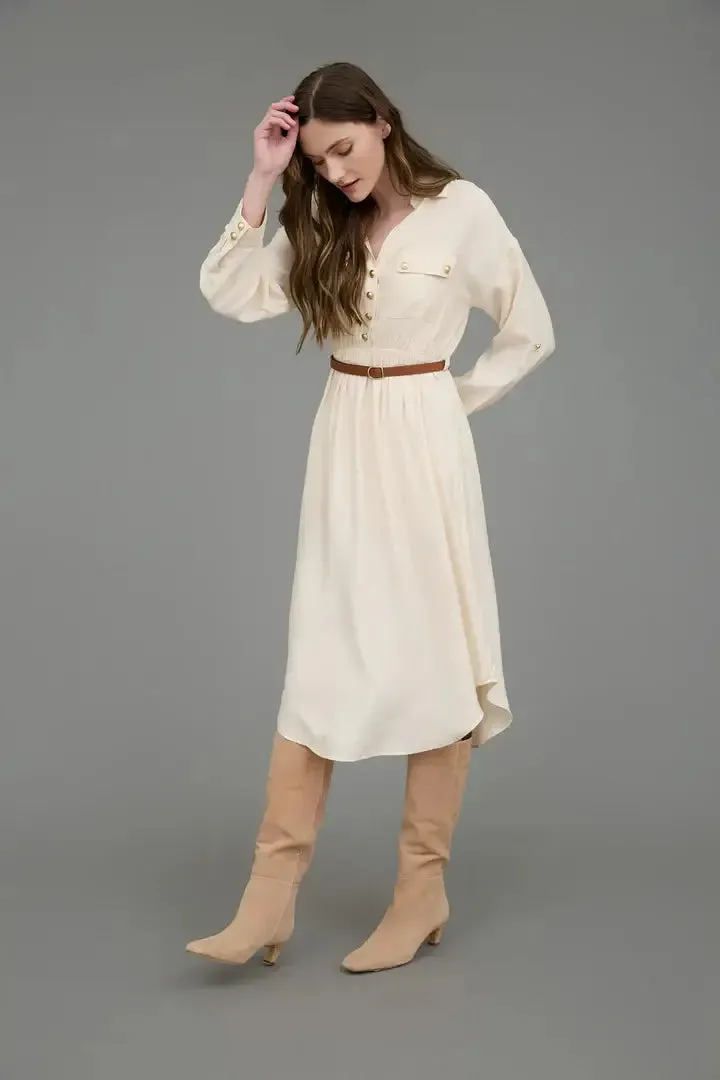 COLLARED HALF BUTTON BELTED MIDI DRESS