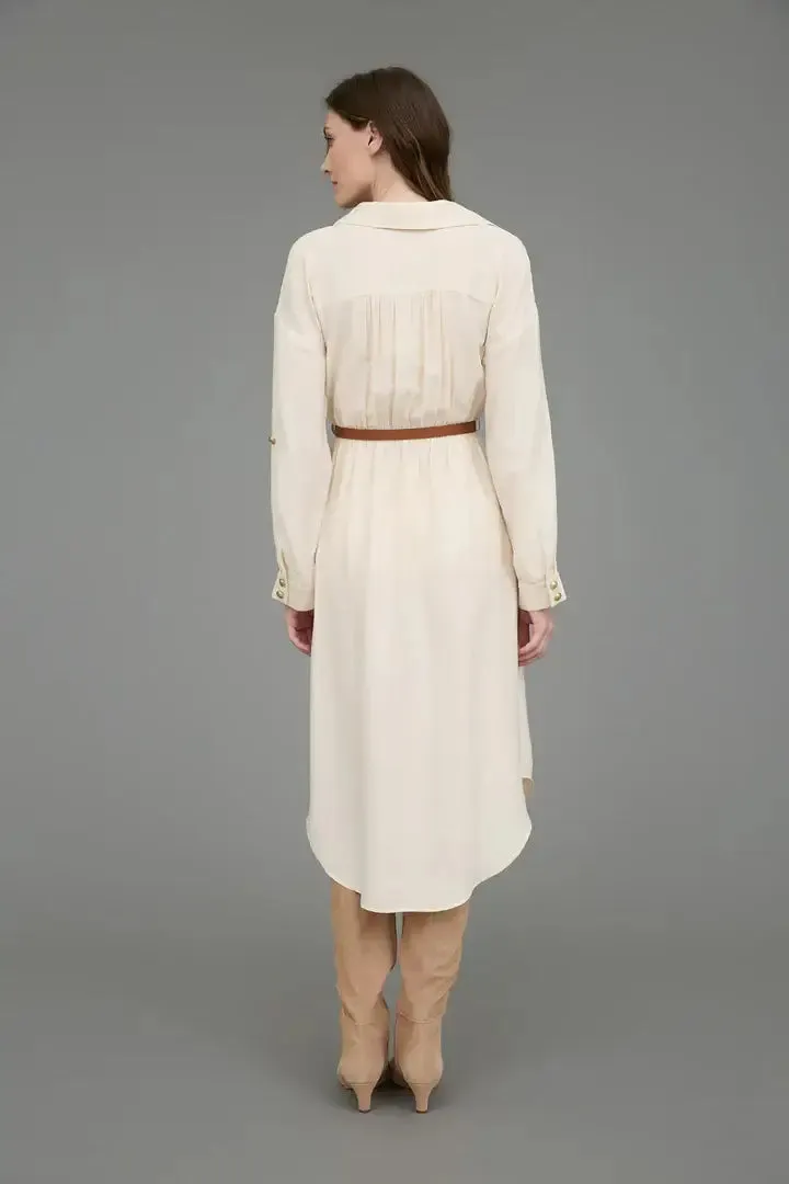 COLLARED HALF BUTTON BELTED MIDI DRESS