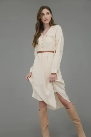 COLLARED HALF BUTTON BELTED MIDI DRESS