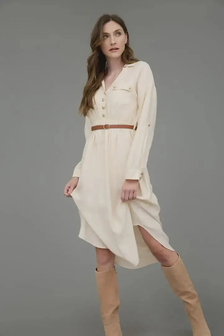 COLLARED HALF BUTTON BELTED MIDI DRESS