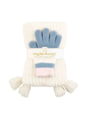 Color Block Scarf & Glove Set - White