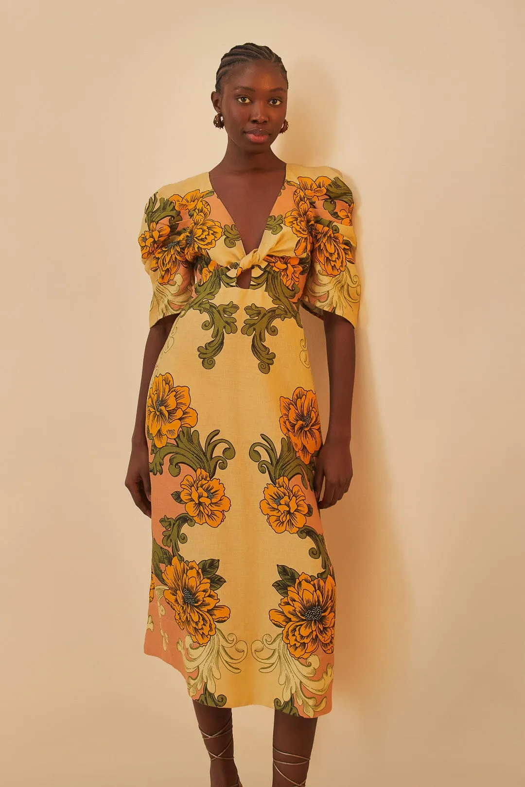 Cream Delicate Flower Arabesques Linen Midi Dress