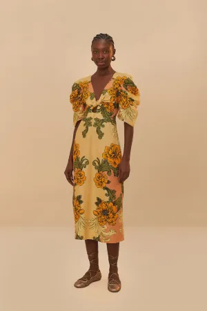 Cream Delicate Flower Arabesques Linen Midi Dress