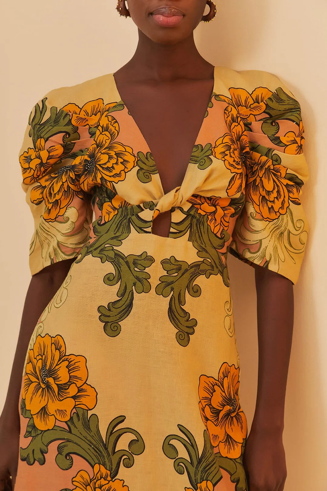 Cream Delicate Flower Arabesques Linen Midi Dress