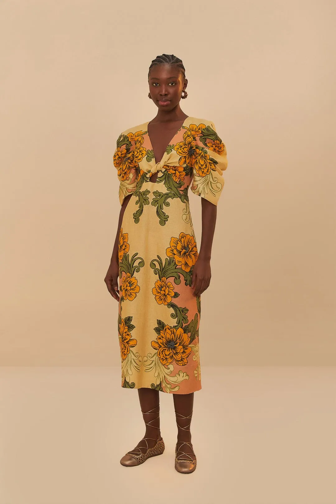 Cream Delicate Flower Arabesques Linen Midi Dress