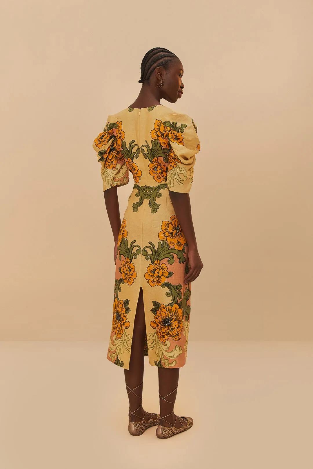 Cream Delicate Flower Arabesques Linen Midi Dress