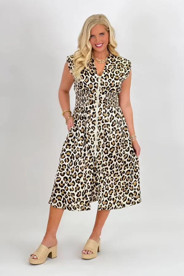 Cream Leopard Print Front Zipper Dress