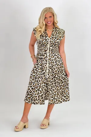 Cream Leopard Print Front Zipper Dress