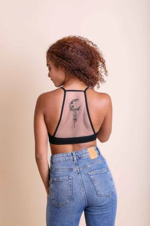 Crescent Moon Dream Catcher Tattoo Mesh Bralette 🌙: Black
