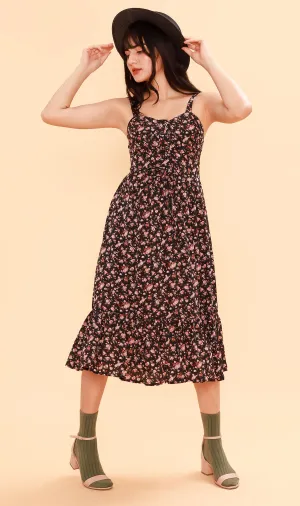 CRESSIDA Floral Lace-Up Midi Dress (Black)