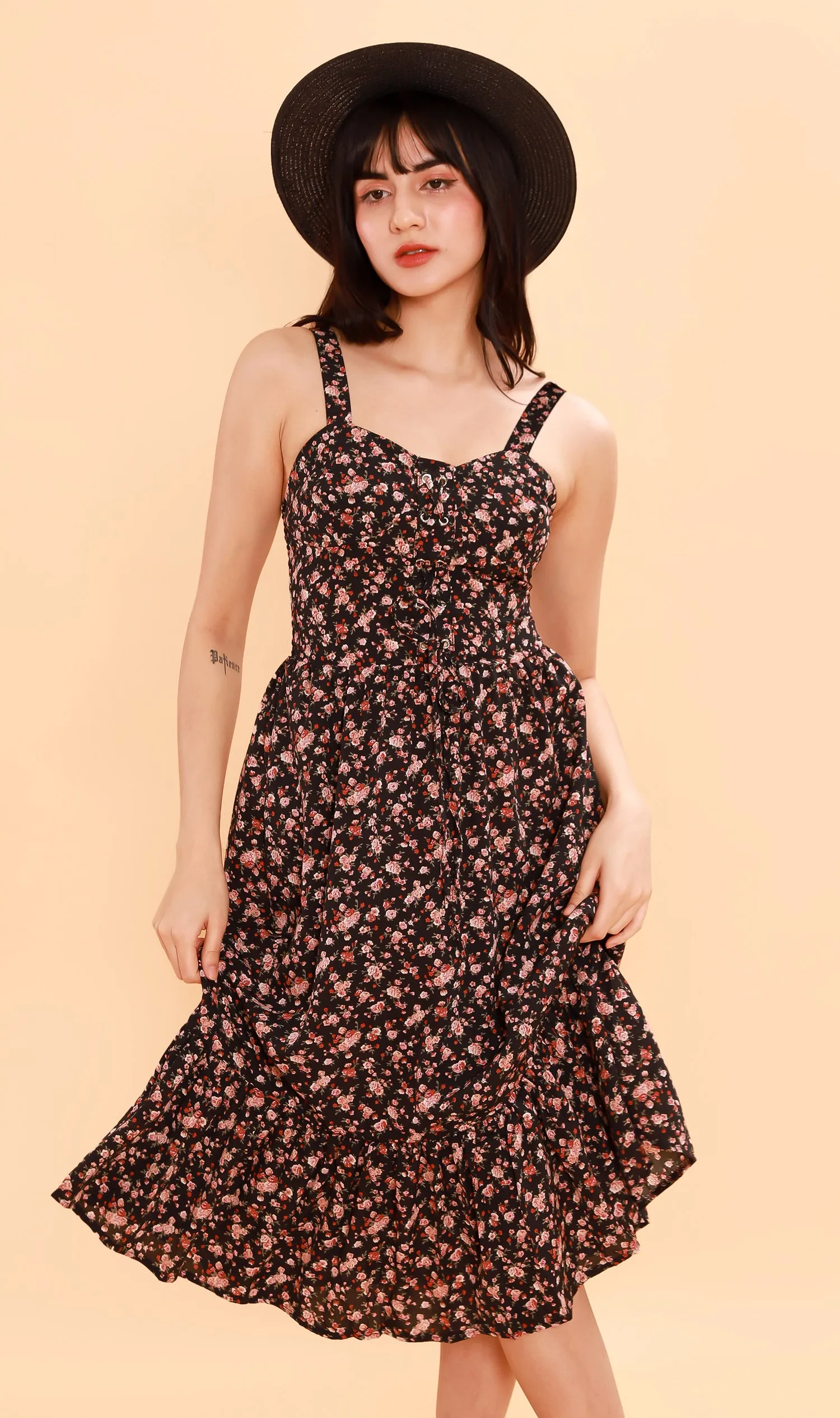 CRESSIDA Floral Lace-Up Midi Dress (Black)