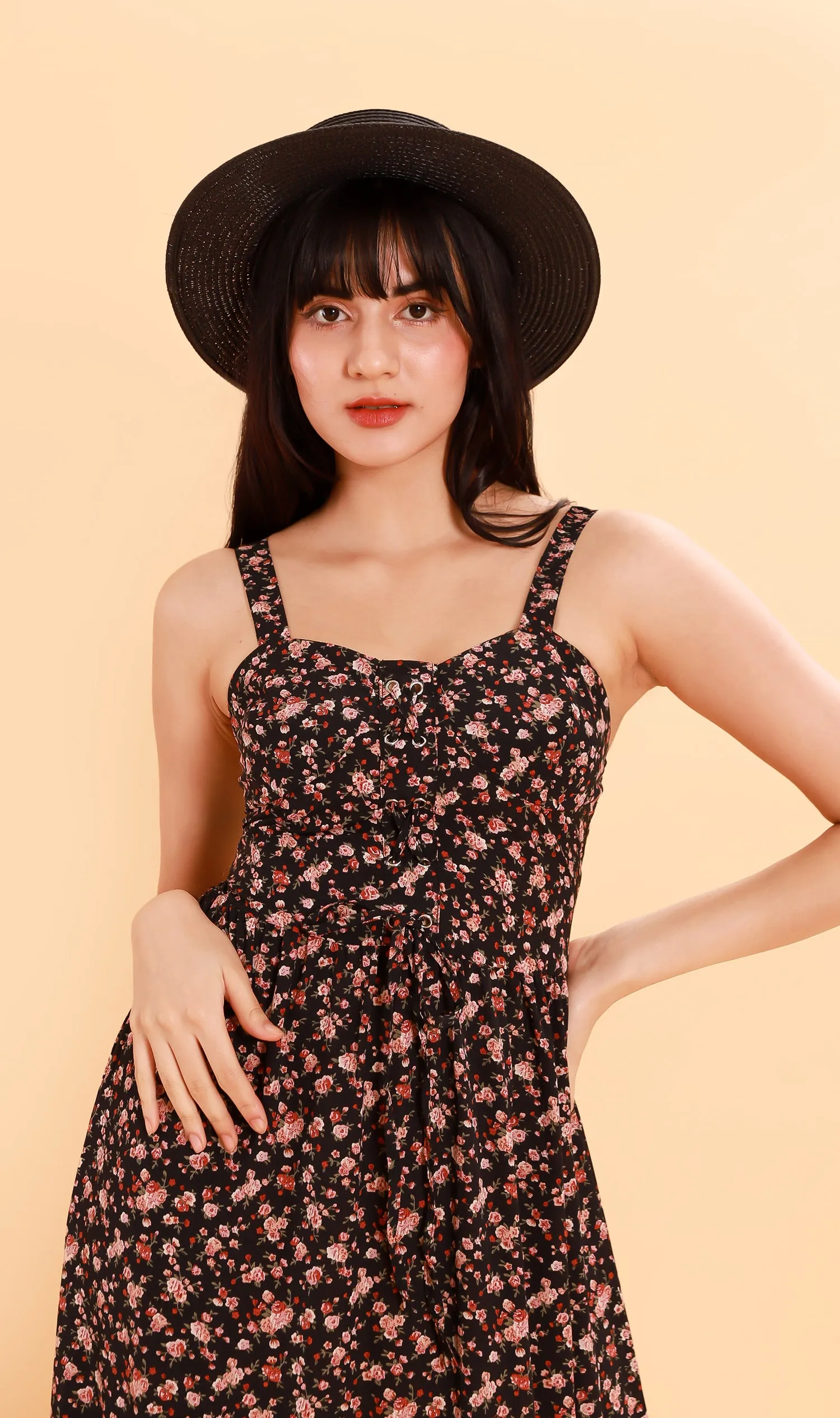 CRESSIDA Floral Lace-Up Midi Dress (Black)
