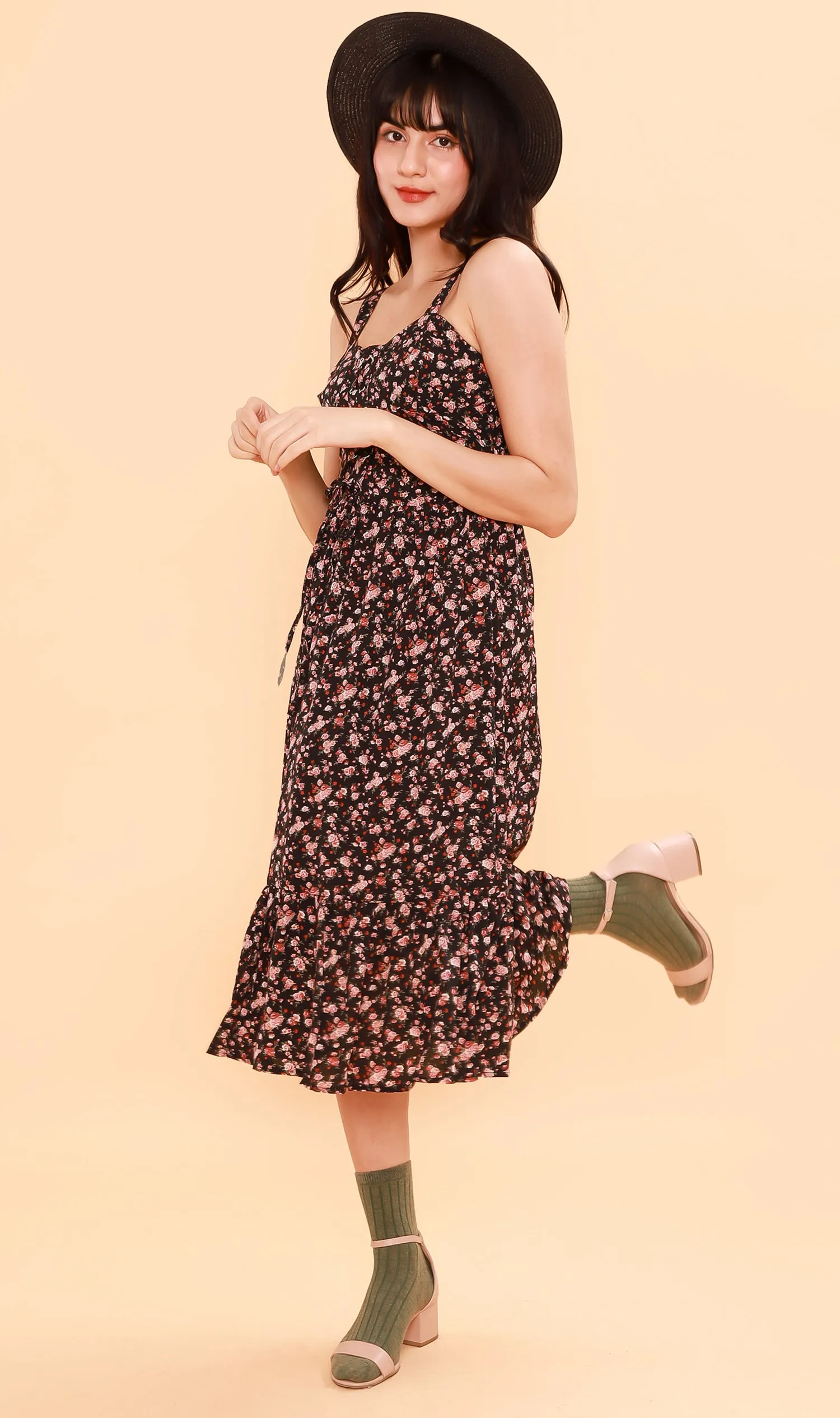 CRESSIDA Floral Lace-Up Midi Dress (Black)