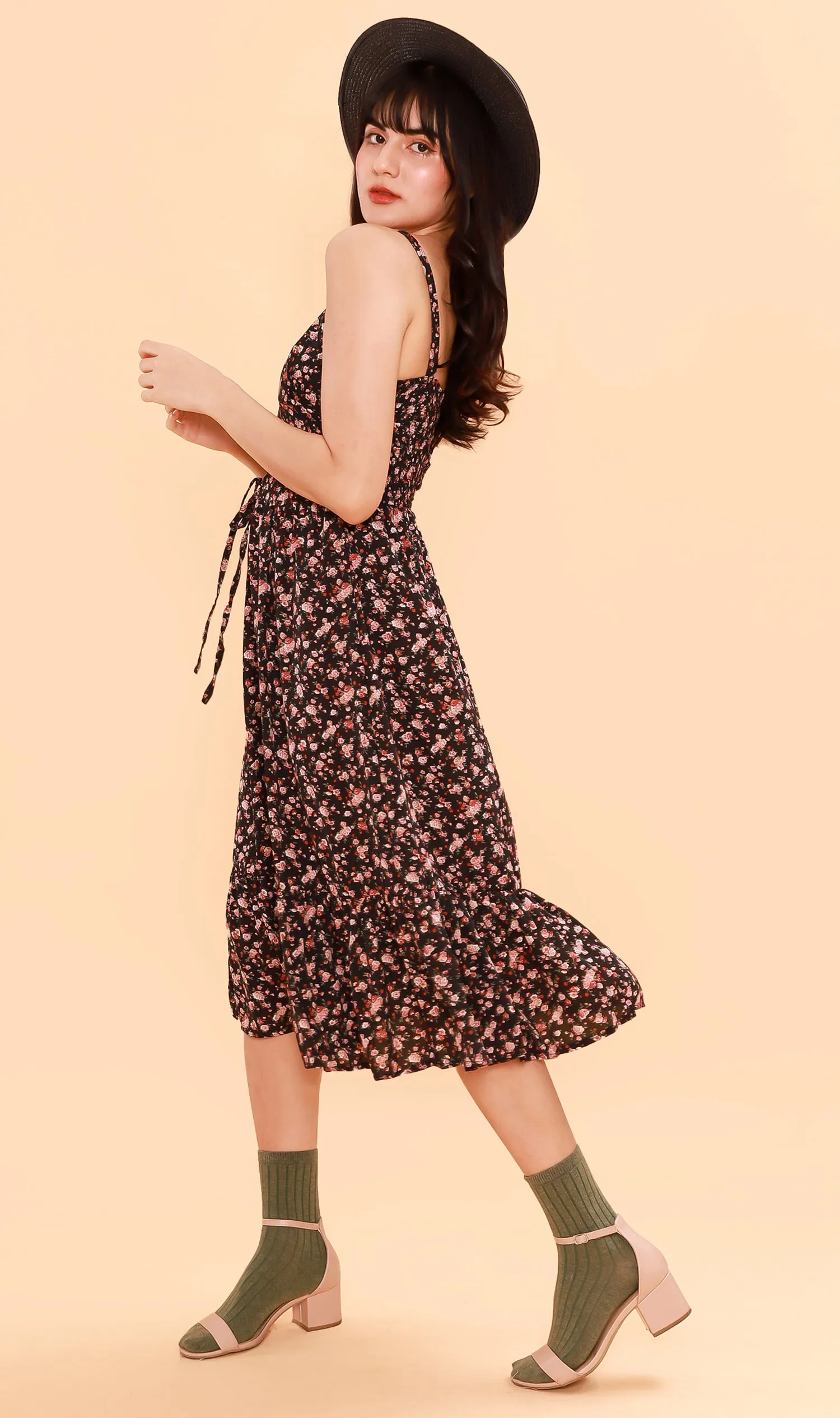 CRESSIDA Floral Lace-Up Midi Dress (Black)