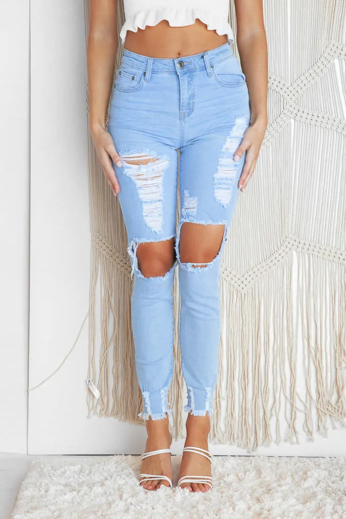 CRISS CROSS SKINNY RIPPED DENIM JEANS - Light Blue
