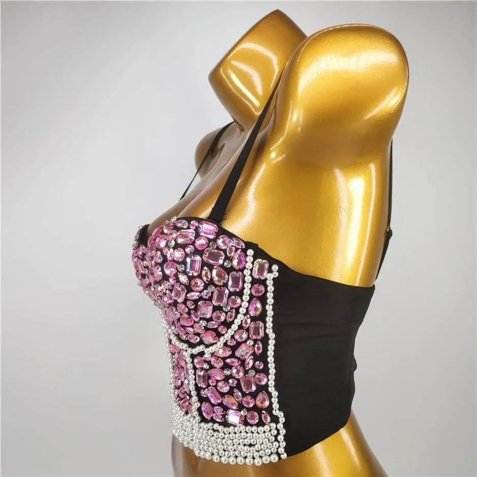 Crystal Rhinestone Pearl Bead Bustier Bralette