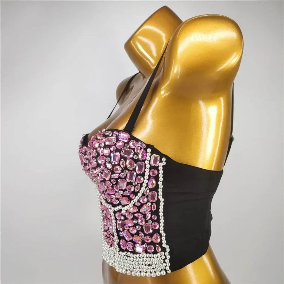 Crystal Rhinestone Pearl Bead Bustier Bralette