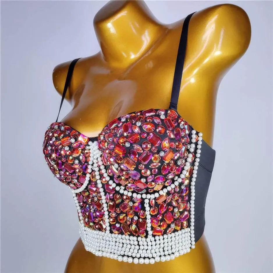 Crystal Rhinestone Pearl Bead Bustier Bralette