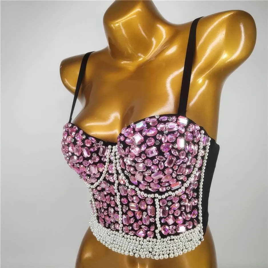 Crystal Rhinestone Pearl Bead Bustier Bralette