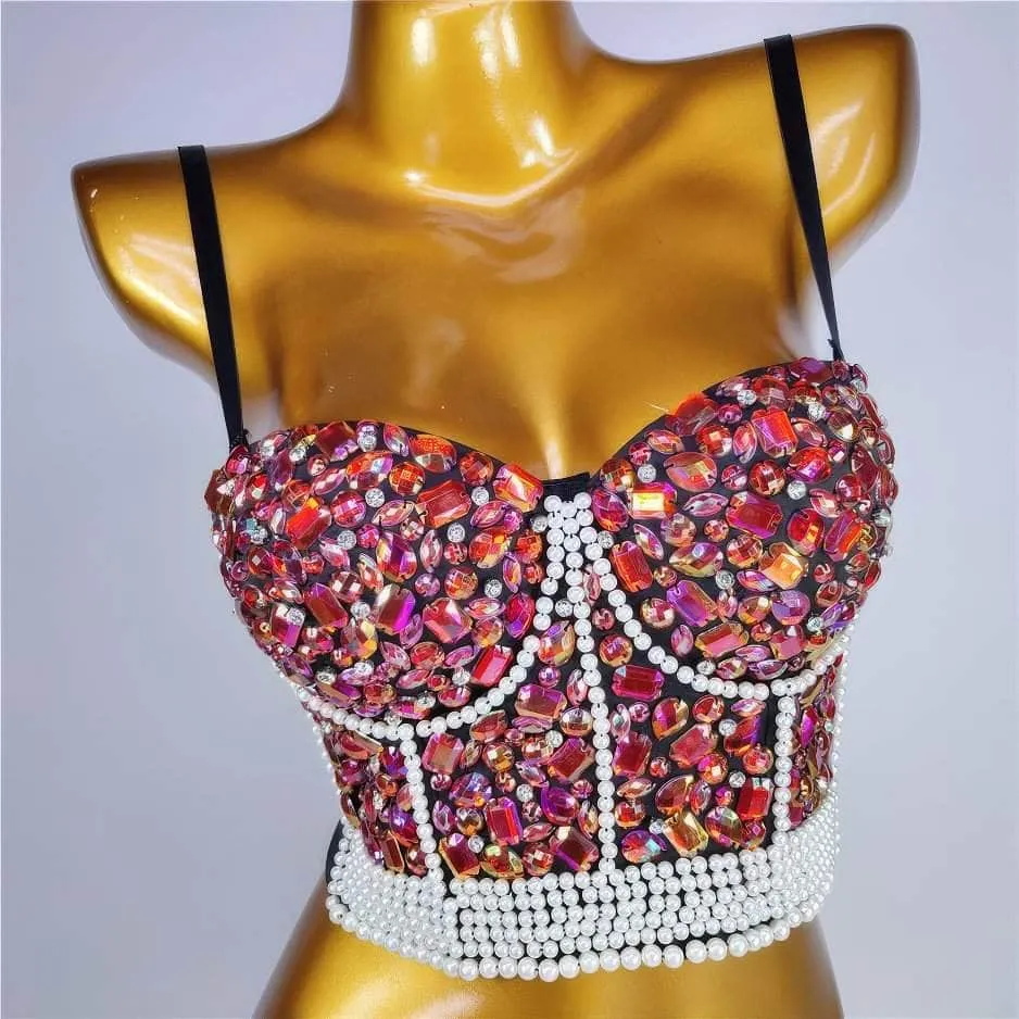 Crystal Rhinestone Pearl Bead Bustier Bralette