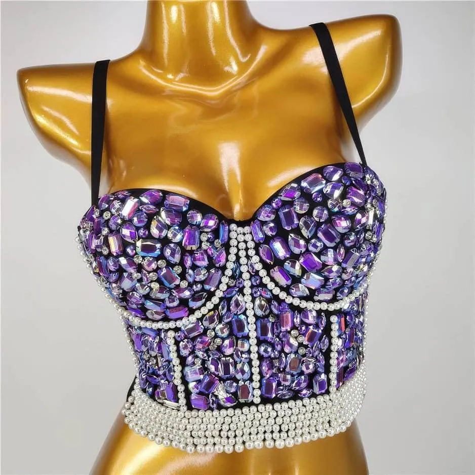 Crystal Rhinestone Pearl Bead Bustier Bralette