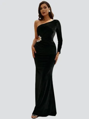 Cut Out Asymmetrical Black Velvet Formal Dress XH2404