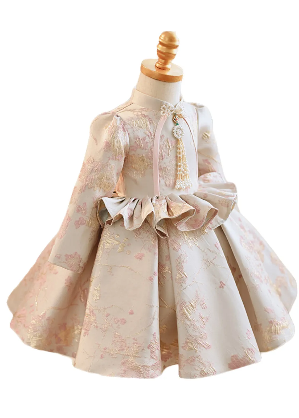 Cute Apricot Stand Collar Embroideried Ruffled Girls Maxi Dresses Spring YG005