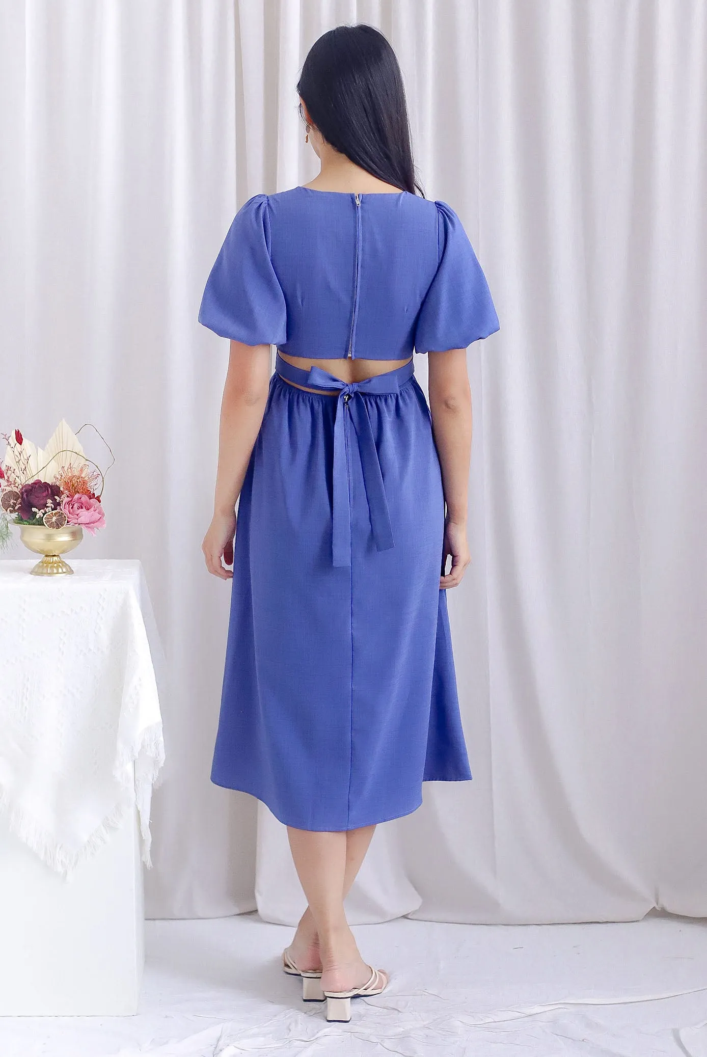 Danica Cut Out Tie Back Midi Sleeved Dress In Blue