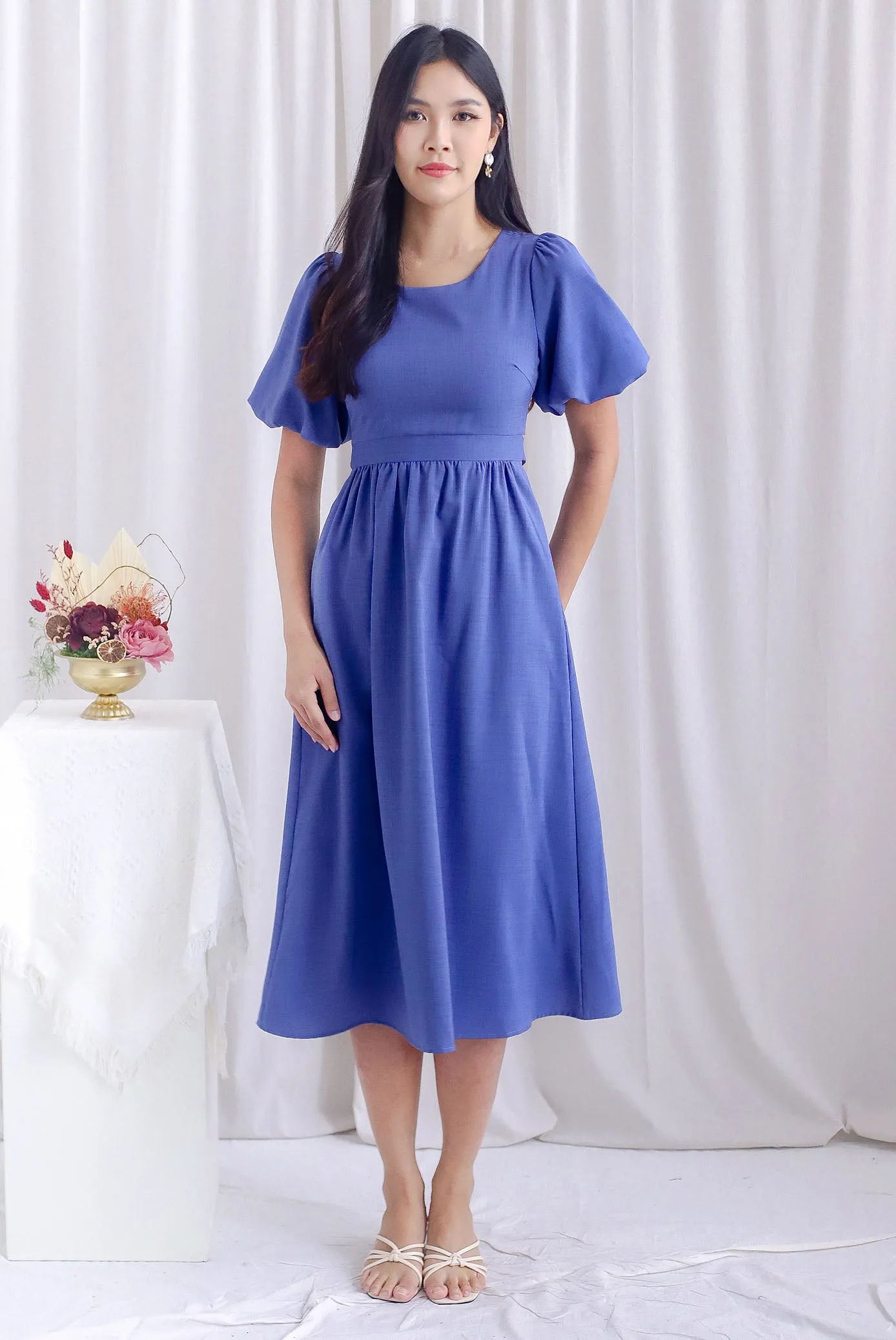 Danica Cut Out Tie Back Midi Sleeved Dress In Blue