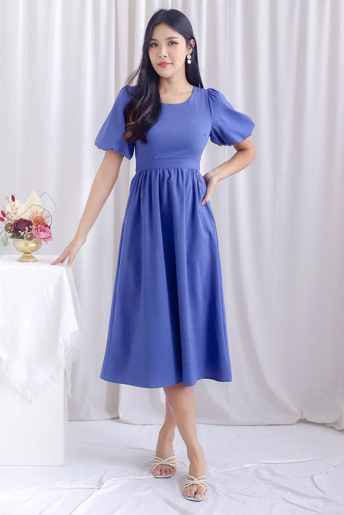 Danica Cut Out Tie Back Midi Sleeved Dress In Blue