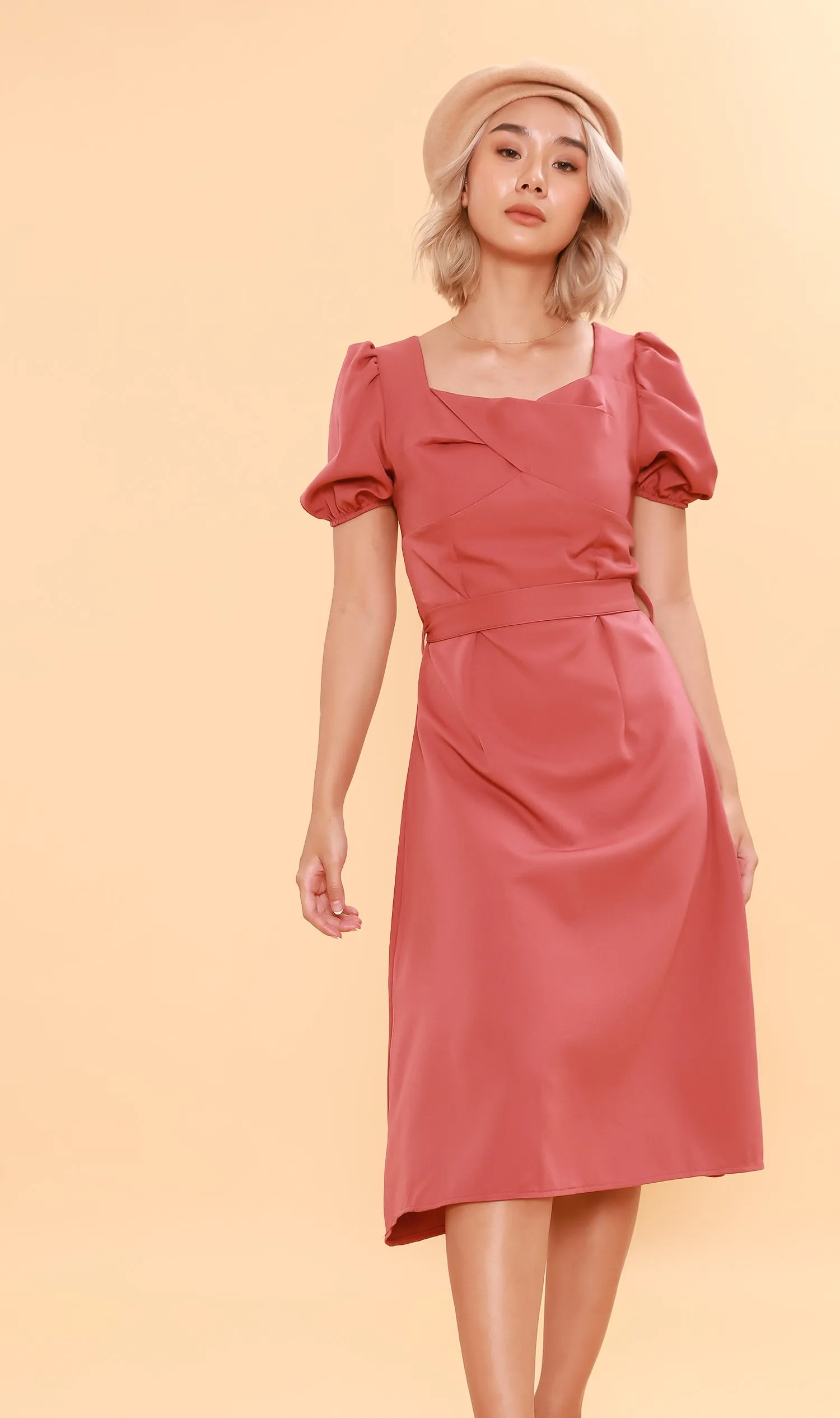 DAPH Puff-Sleeve Midi Dress (Dusty Rose)