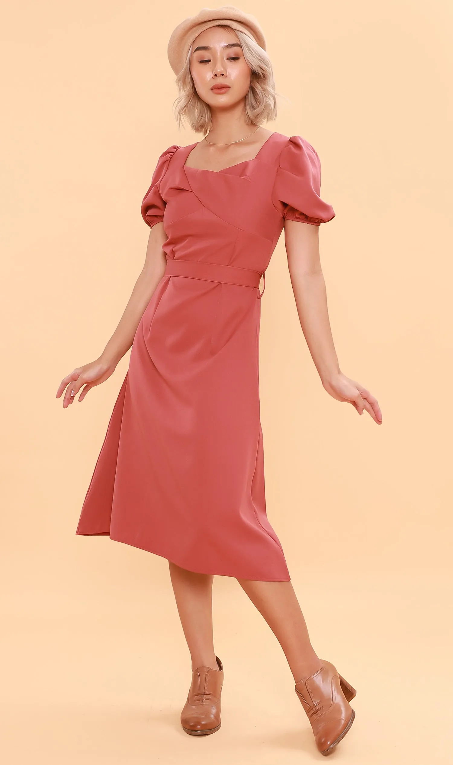 DAPH Puff-Sleeve Midi Dress (Dusty Rose)