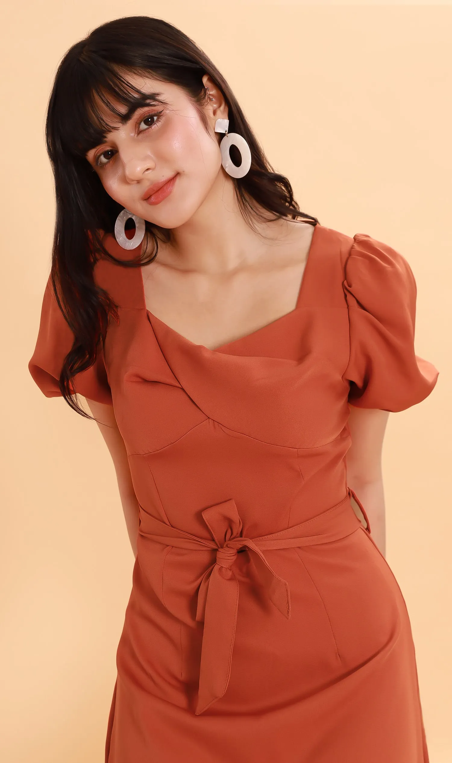 DAPH Puff-Sleeve Midi Dress (Rust)
