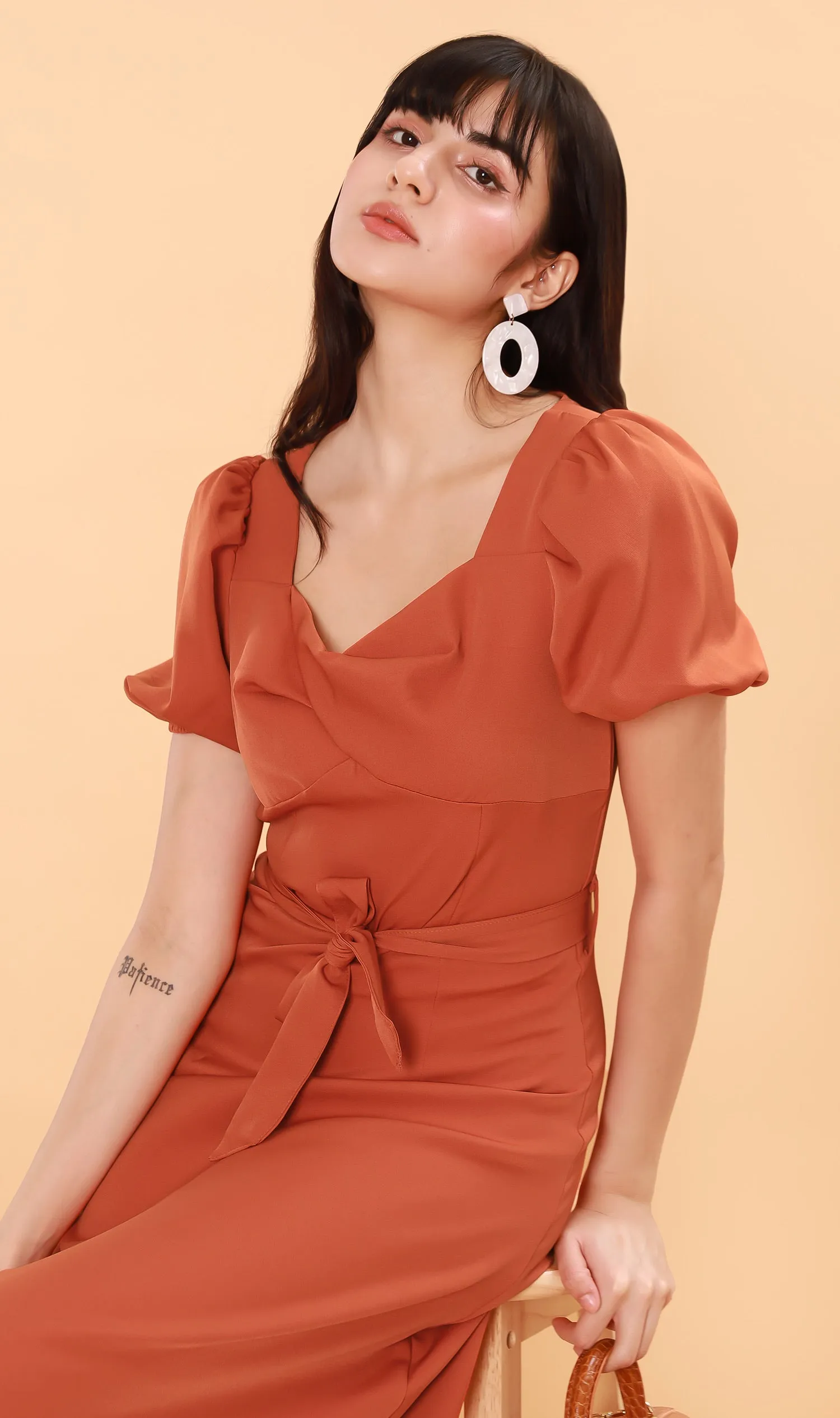 DAPH Puff-Sleeve Midi Dress (Rust)
