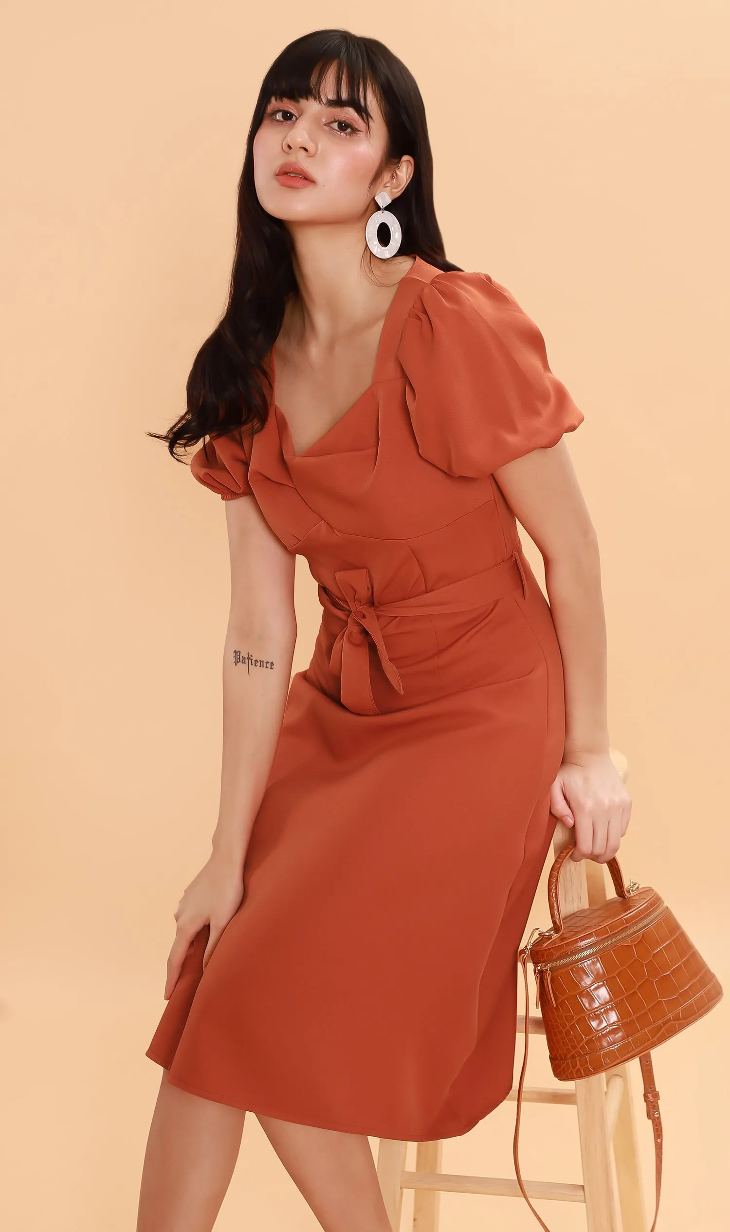 DAPH Puff-Sleeve Midi Dress (Rust)