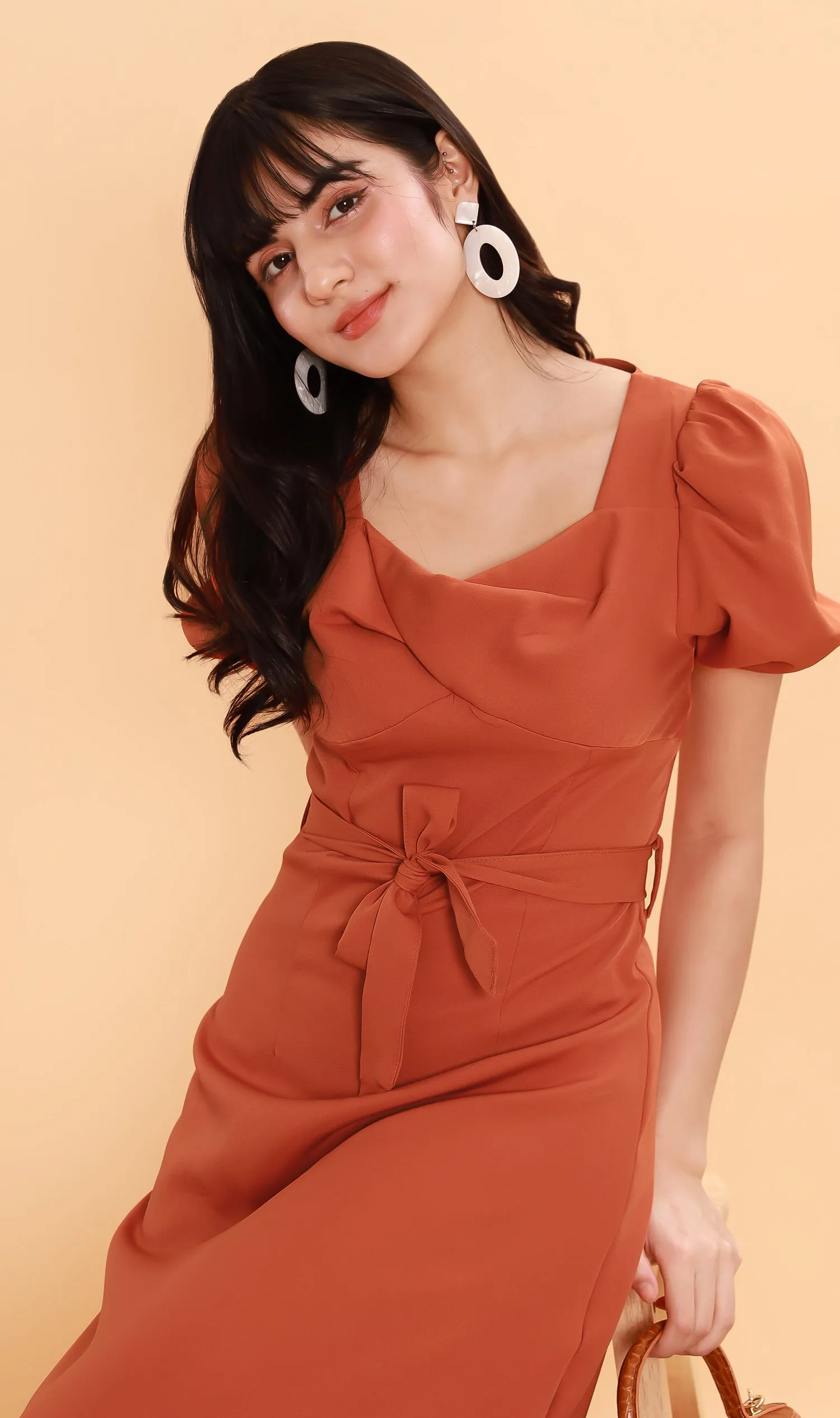 DAPH Puff-Sleeve Midi Dress (Rust)