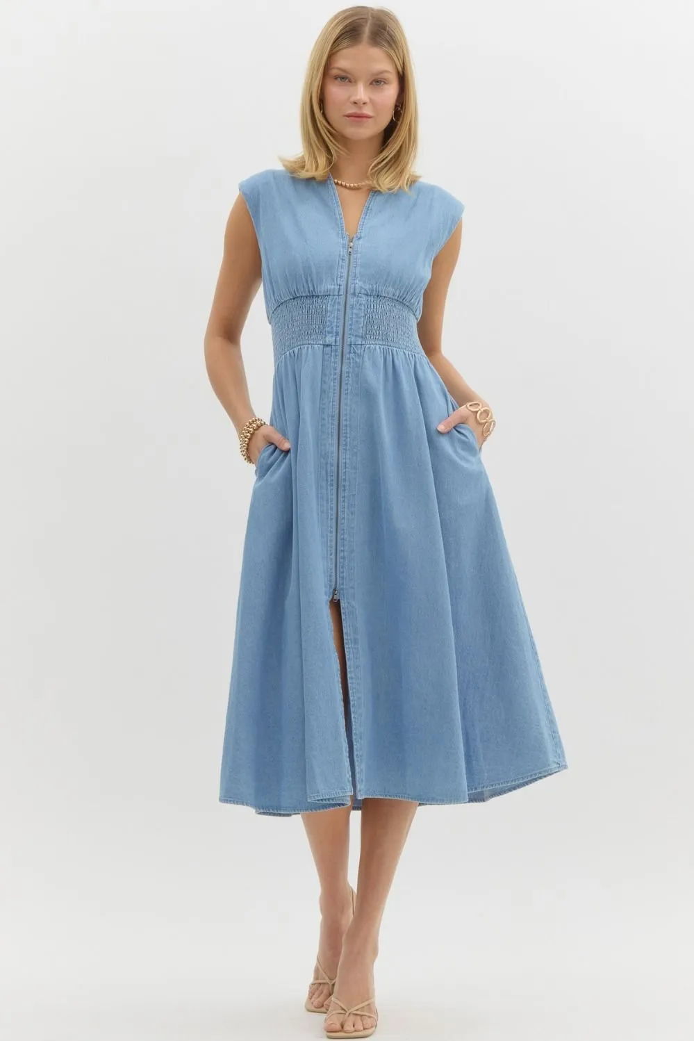 Denim Cap Sleeve Midi Dress