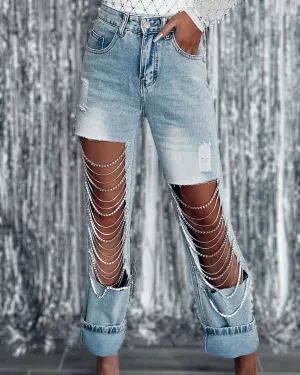 Denim Diamonds Rhinestone Chain Ripped Cut Out Jeans by Rosa Clothing