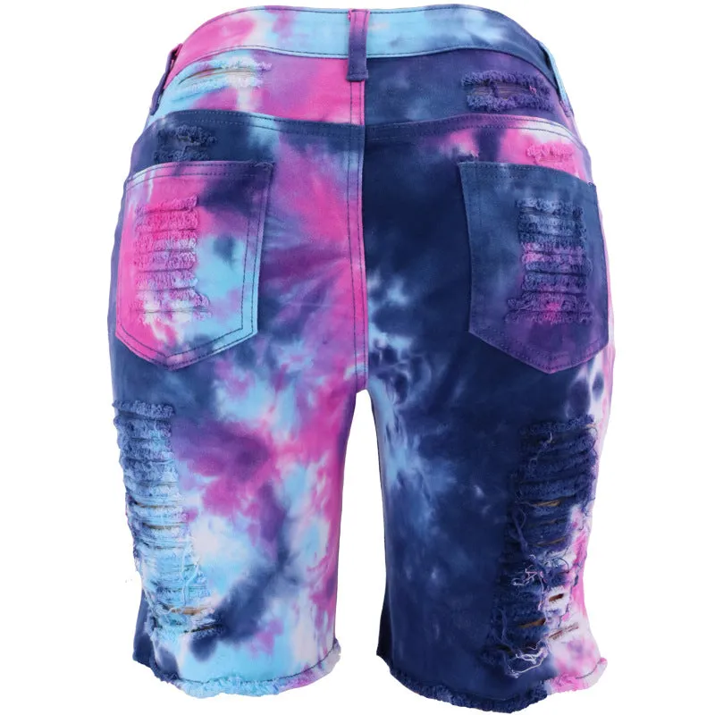 Denim Pants Summer Women Clothing High Waist Tie-Dyed Ripped Pants