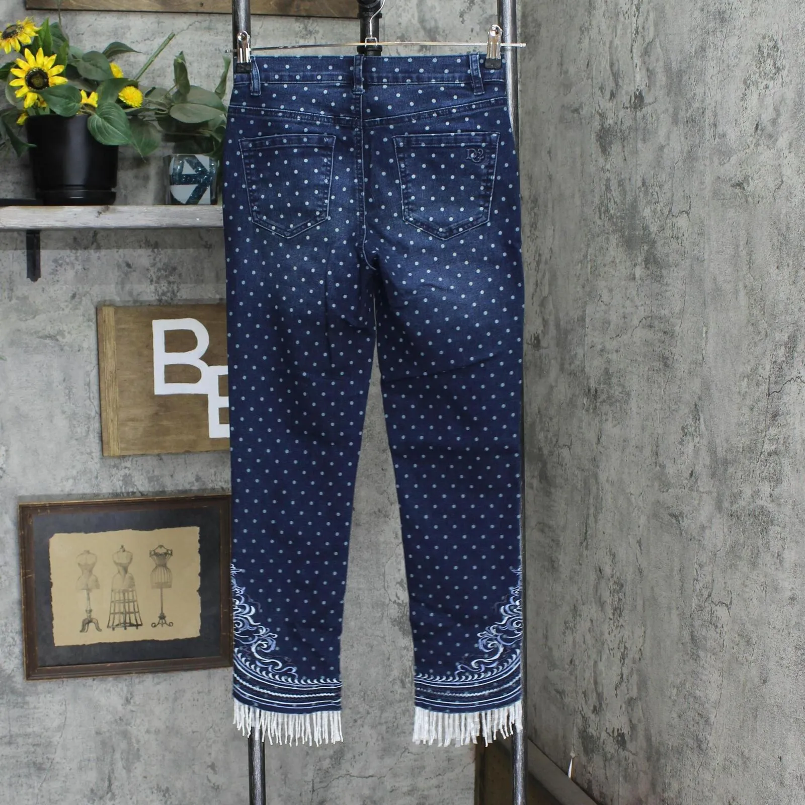 DG2 by Diane Gilman Womens Fringe Polka Dot Paisley Embroidered Jeans Blue 2