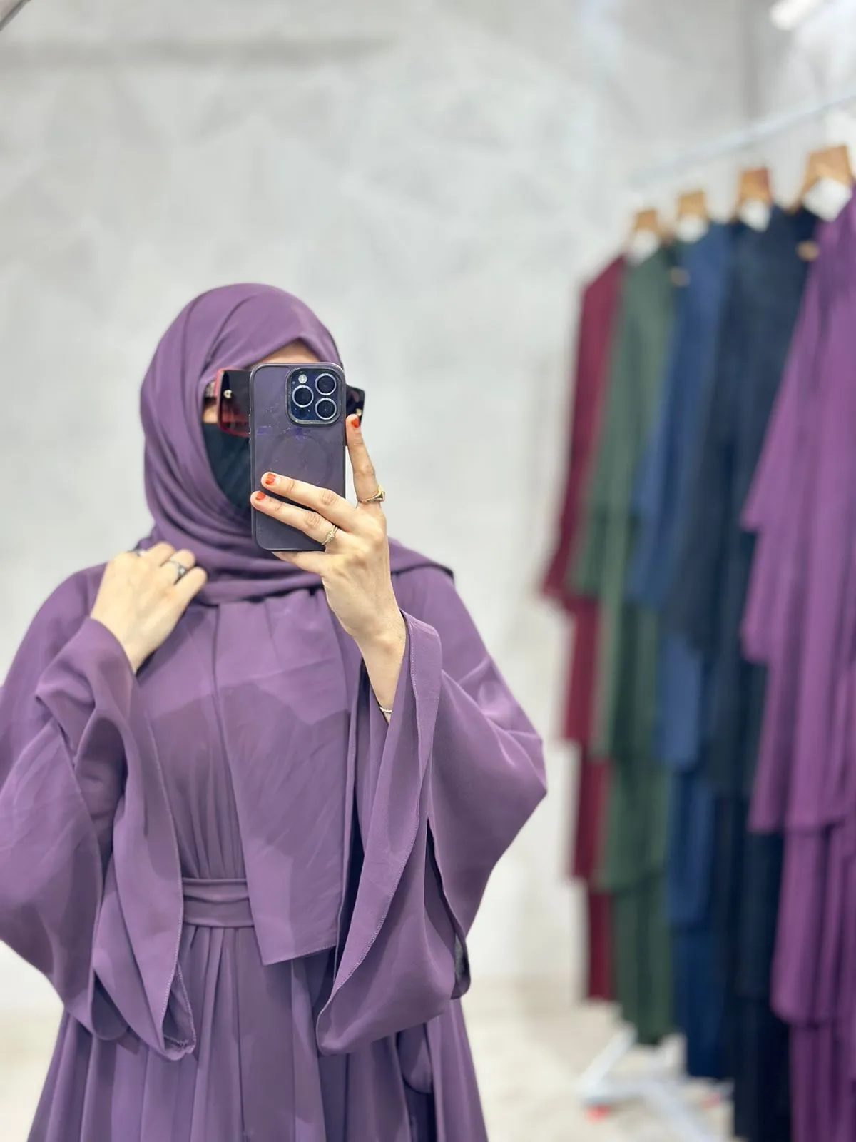 Diamond Chiffon Triple Layer Front Open Purple Abaya - Elegant Stylish Sleeves with Matching Hijab and Belt