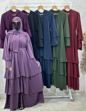 Diamond Chiffon Triple Layer Front Open Purple Abaya - Elegant Stylish Sleeves with Matching Hijab and Belt
